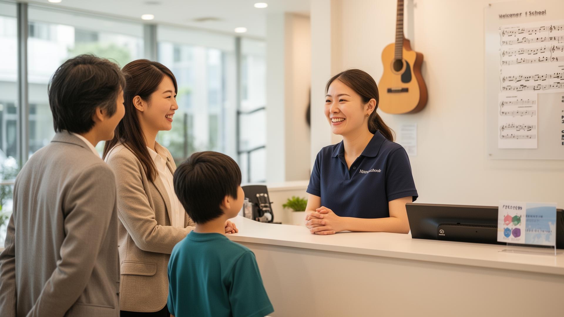 Music school operator smiling while greeting a family at the front desk