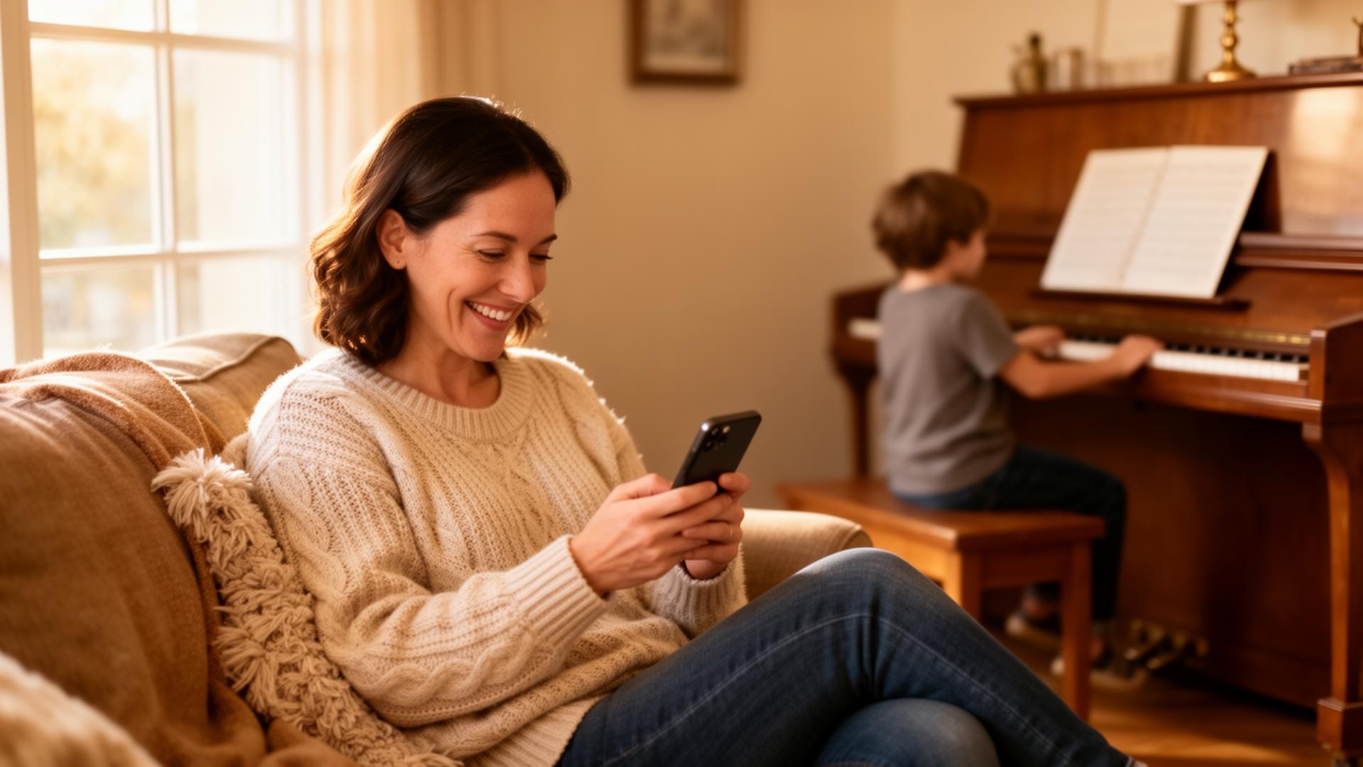 Mom smiling at her phone managing her account while her child practices piano in the background