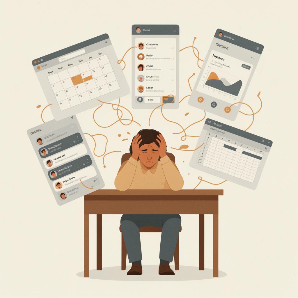Stressed school owner at a desk surrounded by floating browser windows for calendar, CRM, payments, messaging, and a spreadsheet
